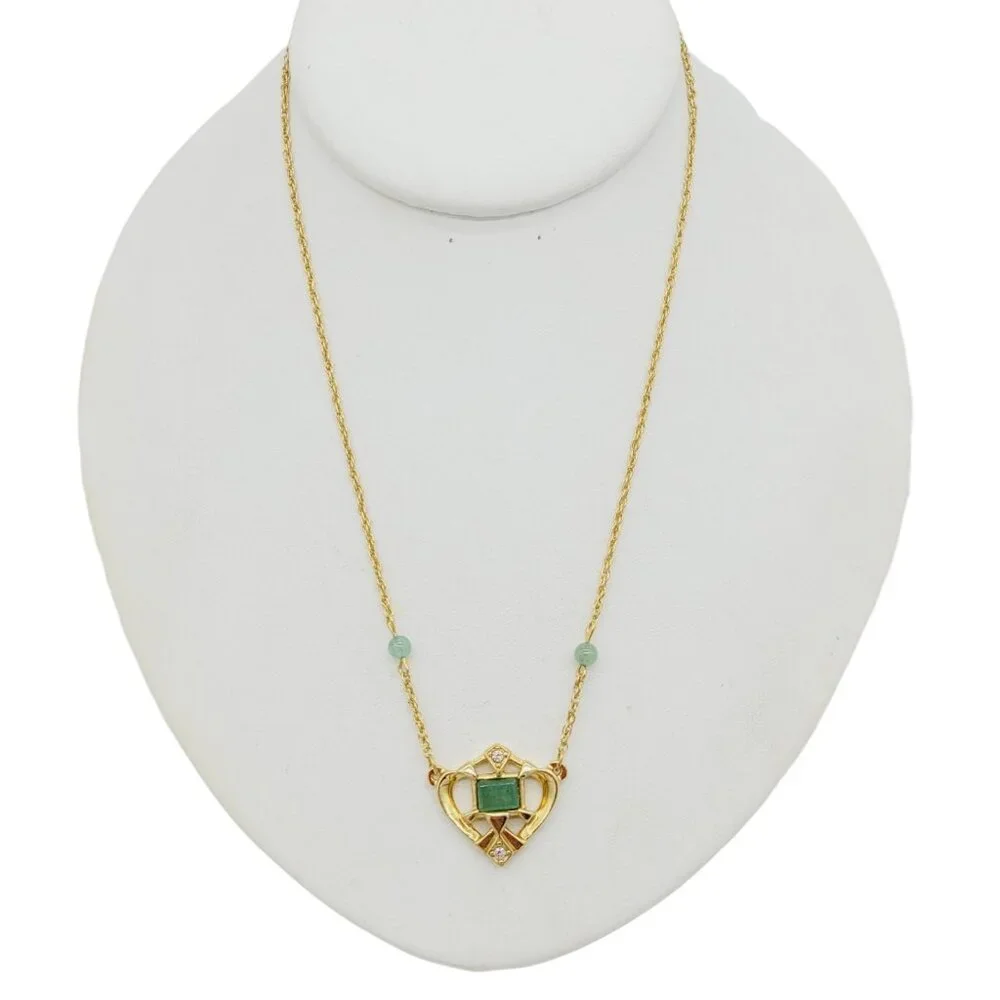 Vintage Avon 1993 Openwork Heart Jade Collar Necklace CZ's Gold Tone 16